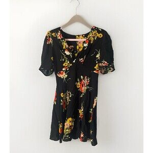 Free People Neon Garden Dress Size 10 Short Sleeve Above Knee Mini Black Floral